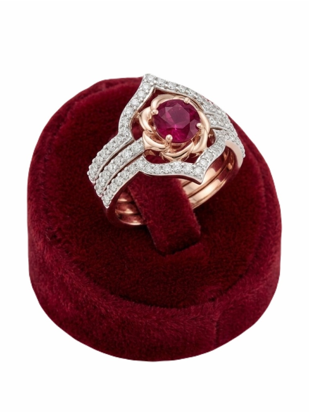 New Dazzling Rose Gold Ruby & White Sapphire 3 Piece Ring Set